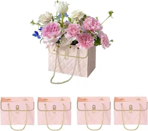 4pcs Paper Flower Bags for Bouquets, Flower Boxes for Arrangements, Paper Flower Gift Bags with Handles Florist Supplies for Weddings Mother's Day (Pink)