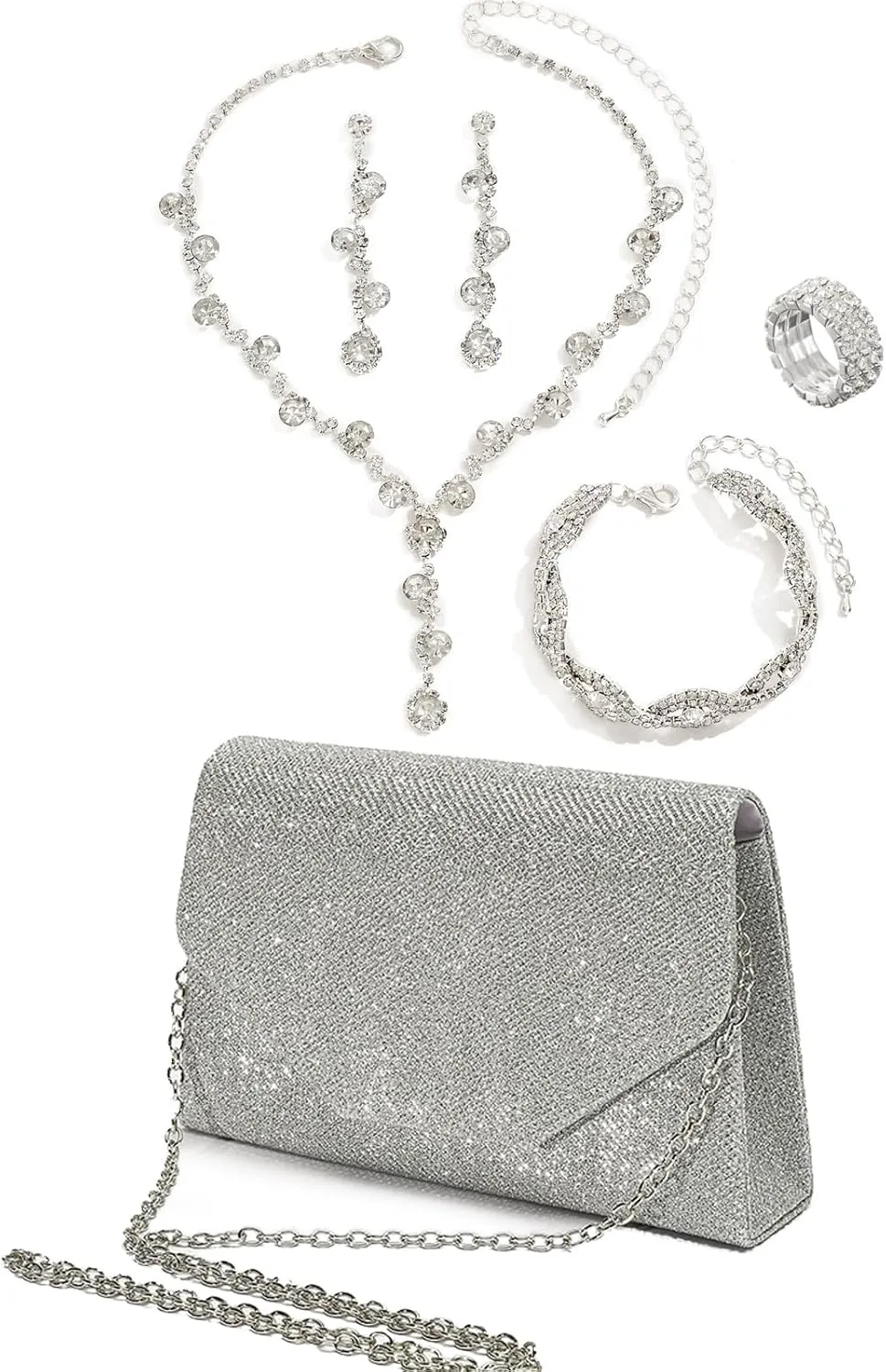 5 Pcs Purse Rhinestone Jewelry Set, RhinestoneClutch Purse Bride Prom Evening Rhinestone Jewelry Set Bling Necklace Earrings Bracelets Set for Wedding, Gold/Silver