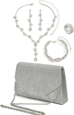 5 Pcs Purse Rhinestone Jewelry Set, RhinestoneClutch Purse Bride Prom Evening Rhinestone Jewelry Set Bling Necklace Earrings Bracelets Set for Wedding, Gold/Silver