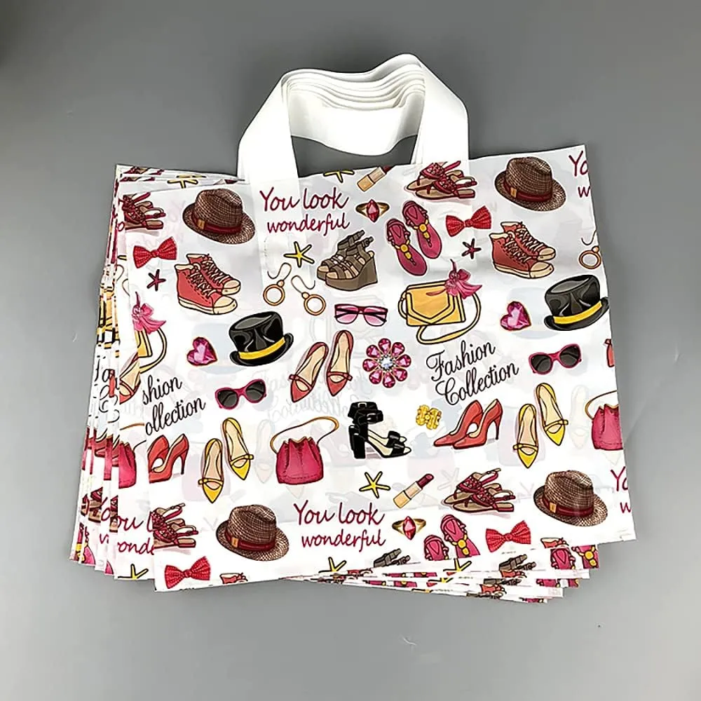 50 Count 9.8" x 11.8" Plastic Merchandise Bags, Shopping Retail Bags with Handles - Wardrobe (More Patterns Available)