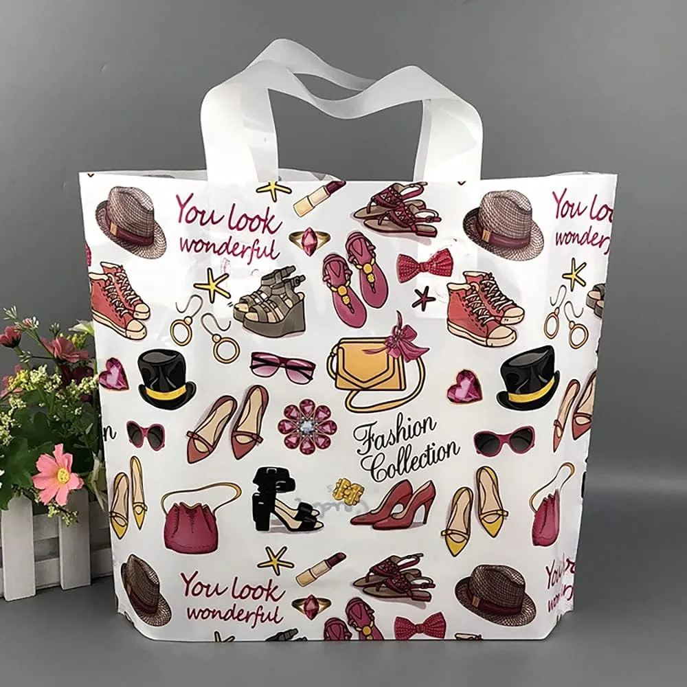 50 Count 9.8" x 11.8" Plastic Merchandise Bags, Shopping Retail Bags with Handles - Wardrobe (More Patterns Available)