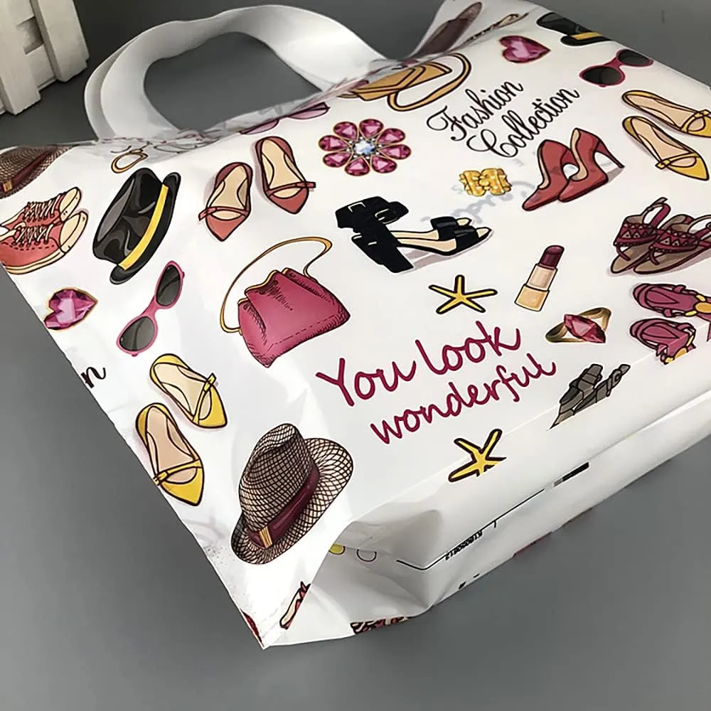 50 Count 9.8" x 11.8" Plastic Merchandise Bags, Shopping Retail Bags with Handles - Wardrobe (More Patterns Available)