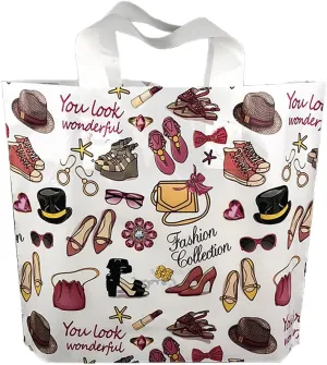 50 Count 9.8" x 11.8" Plastic Merchandise Bags, Shopping Retail Bags with Handles - Wardrobe (More Patterns Available)