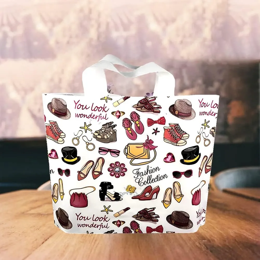 50 Count 9.8" x 11.8" Plastic Merchandise Bags, Shopping Retail Bags with Handles - Wardrobe (More Patterns Available)