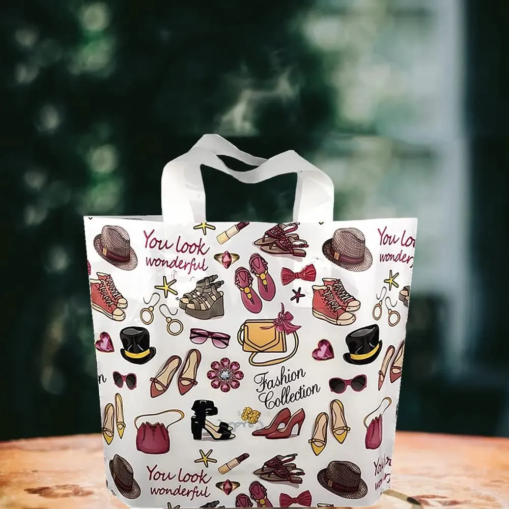 50 Count 9.8" x 11.8" Plastic Merchandise Bags, Shopping Retail Bags with Handles - Wardrobe (More Patterns Available)