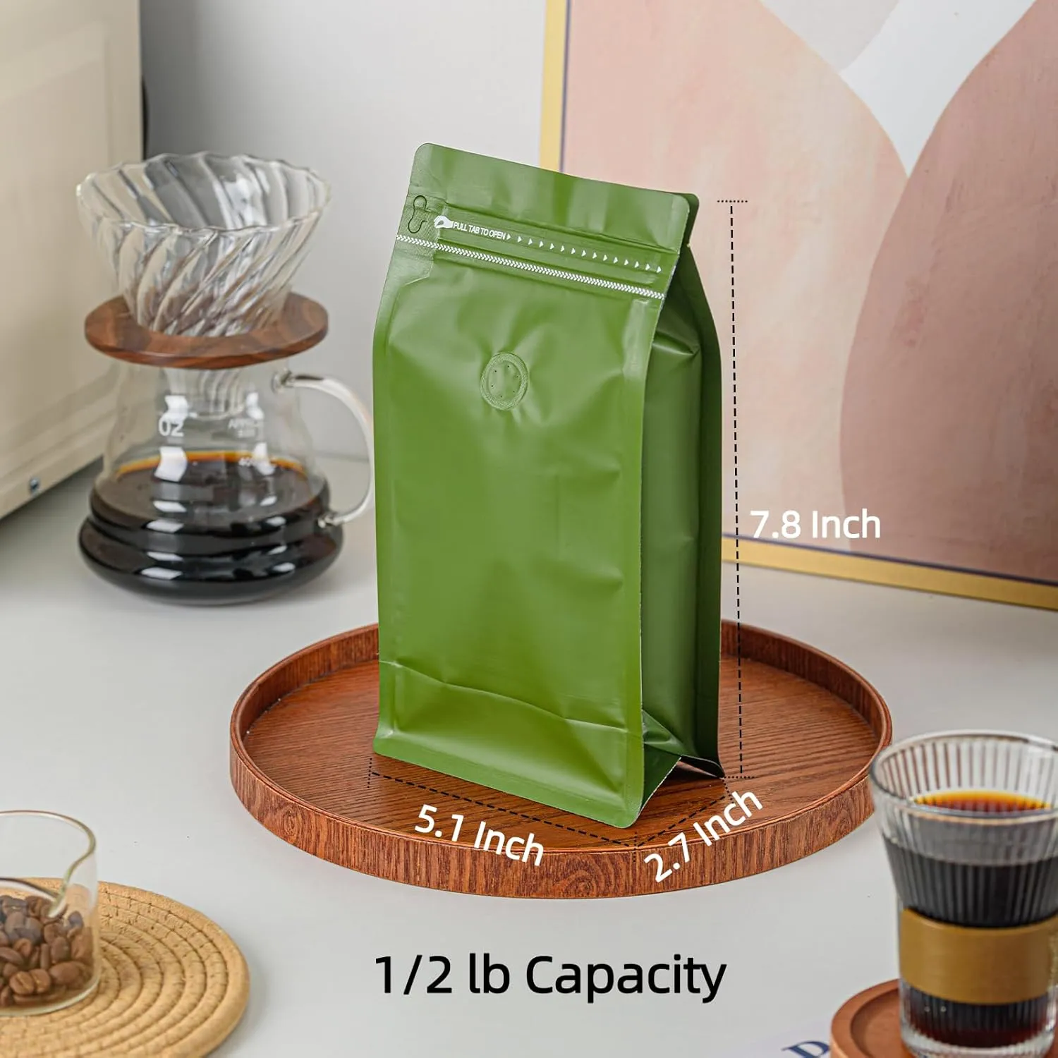 50 Pcs 0.5lb Green Long Coffee Bean Bags with Valve, Easy Tear Open & Repeating Sealed Zipper, Heat-Seal Stand Up & Flat Bottom Coffee Bag, 8oz Capacity 5.1x7.8 Inch