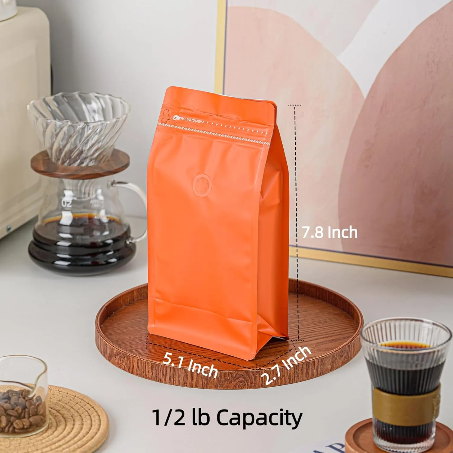 50 Pcs 0.5lb Orange Long Coffee Bean Bags with Valve, Easy Tear Open & Repeating Sealed Zipper, Heat-Seal Stand Up & Flat Bottom Coffee Bag, 8oz Capacity 5.1x7.8 Inch