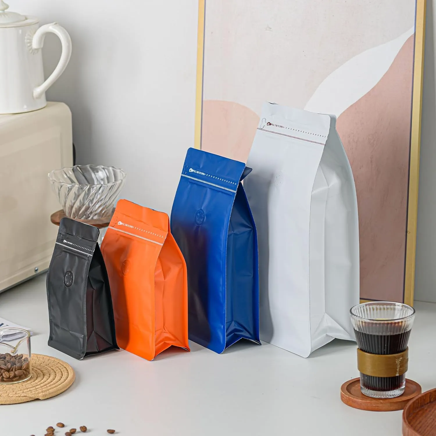 50 Pcs 0.5lb Orange Long Coffee Bean Bags with Valve, Easy Tear Open & Repeating Sealed Zipper, Heat-Seal Stand Up & Flat Bottom Coffee Bag, 8oz Capacity 5.1x7.8 Inch