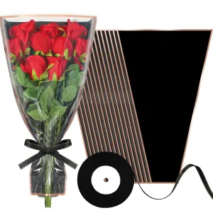 50 PCS Flower Wrapping Bags for Bouquets Plastic Flower Bouquet Sleeves with Ribbon 17 x 11 Inches Black Floral Bouquet Packing Sleeves for Birthday Mother's Day Wedding Graduation Florist Supplies