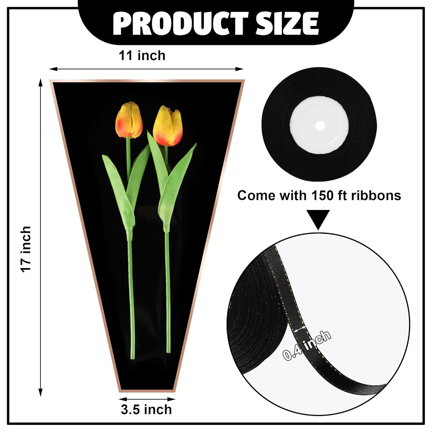 50 PCS Flower Wrapping Bags for Bouquets Plastic Flower Bouquet Sleeves with Ribbon 17 x 11 Inches Black Floral Bouquet Packing Sleeves for Birthday Mother's Day Wedding Graduation Florist Supplies