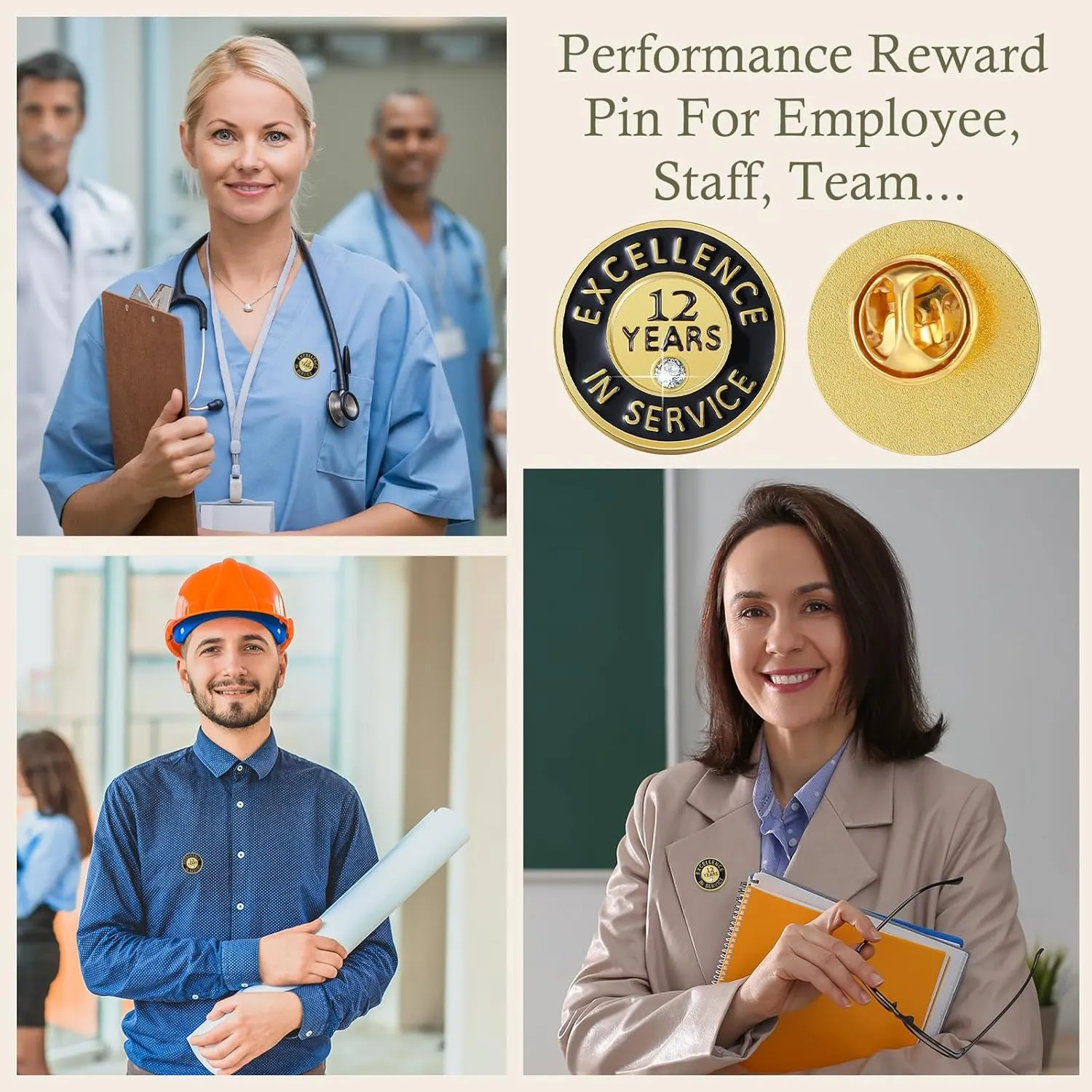 50 Pcs Year of Service Pin Employee Excellence Award Lapel Pin Performance Recognition Reward Anniversary(12 Year)