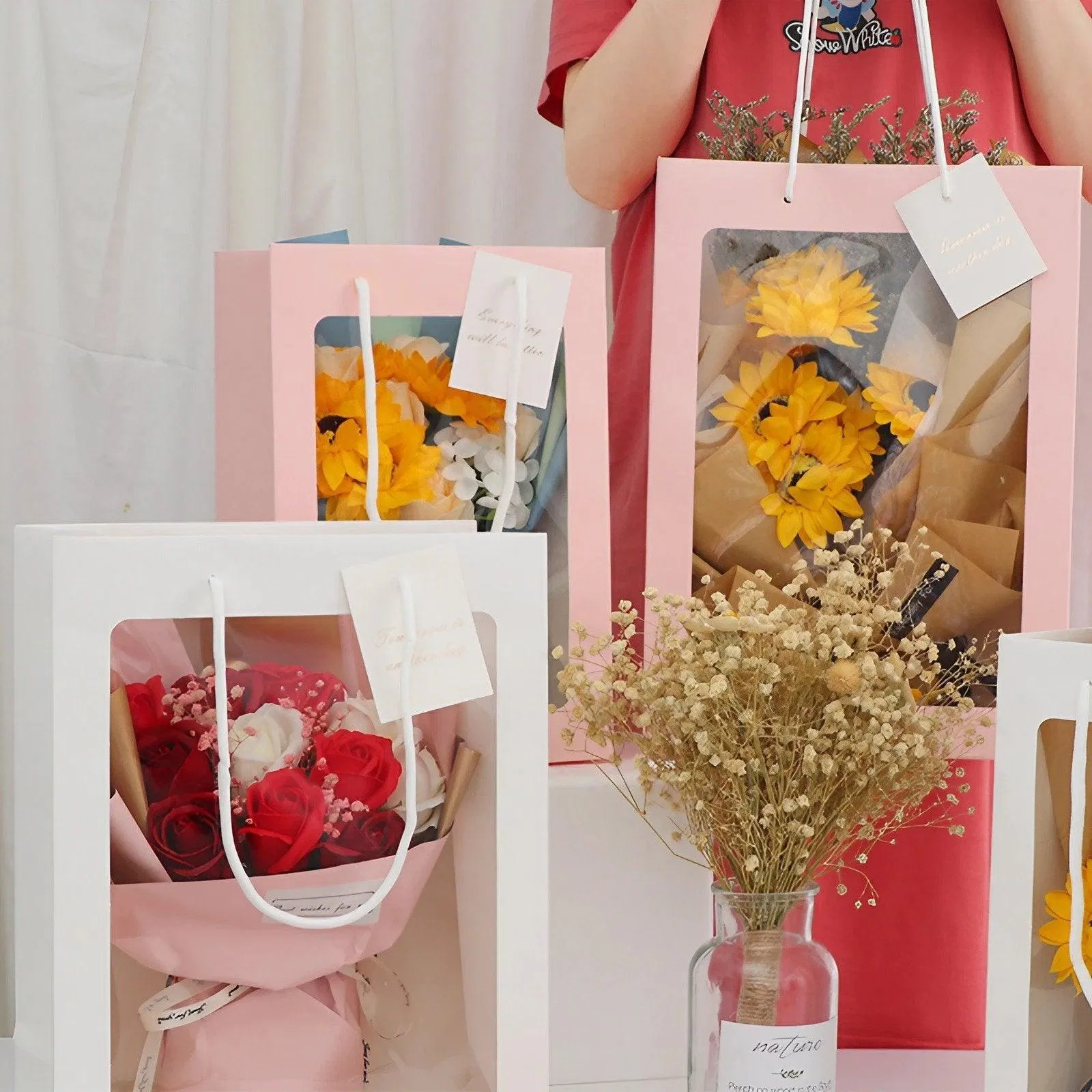 50PCS Flower Bouquet Tote Wedding Favor Bag Bride Tote Clear Gift Bags Handbag Pink