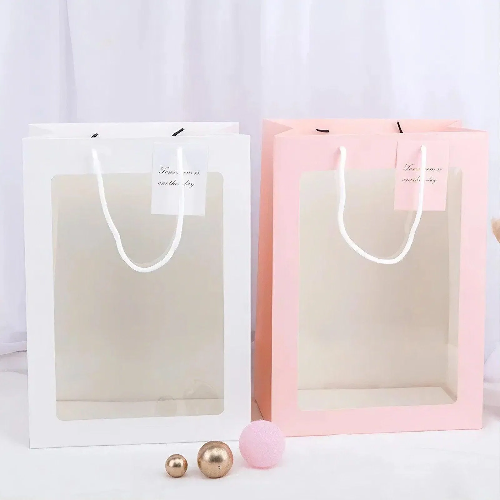50PCS Flower Bouquet Tote Wedding Favor Bag Bride Tote Clear Gift Bags Handbag Pink