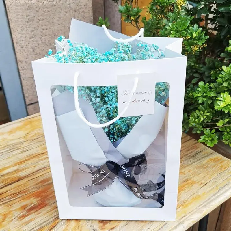 50PCS Flower Bouquet Tote Wedding Favor Bag Bride Tote Clear Gift Bags Handbag Pink