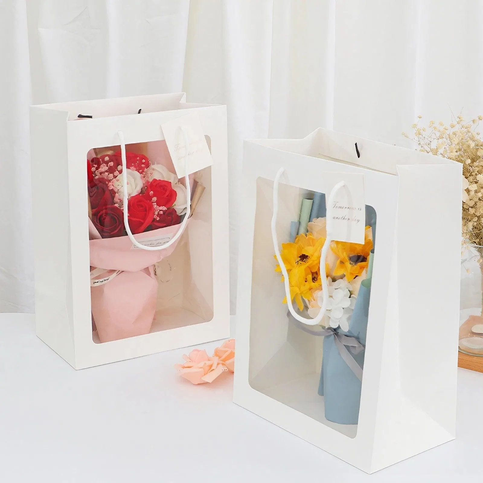 50PCS Flower Bouquet Tote Wedding Favor Bag Bride Tote Clear Gift Bags Handbag Pink