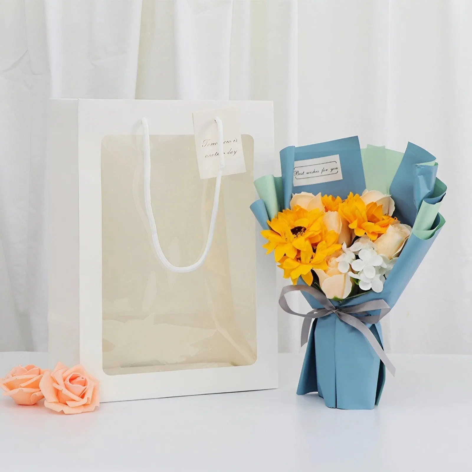 50PCS Flower Bouquet Tote Wedding Favor Bag Bride Tote Clear Gift Bags Handbag Pink