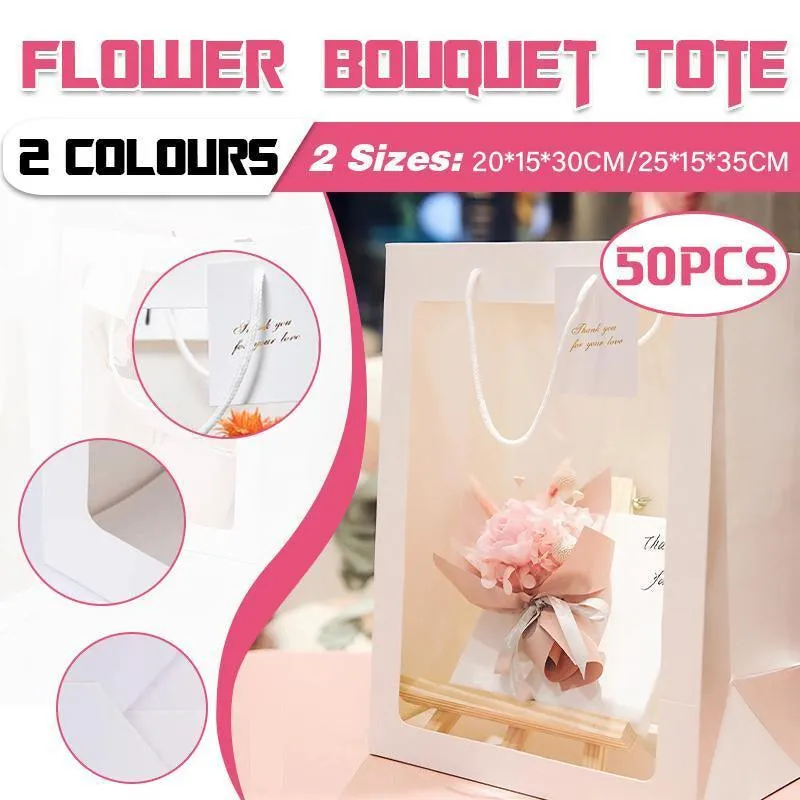50PCS Flower Bouquet Tote Wedding Favor Bag Bride Tote Clear Gift Bags Handbag Pink