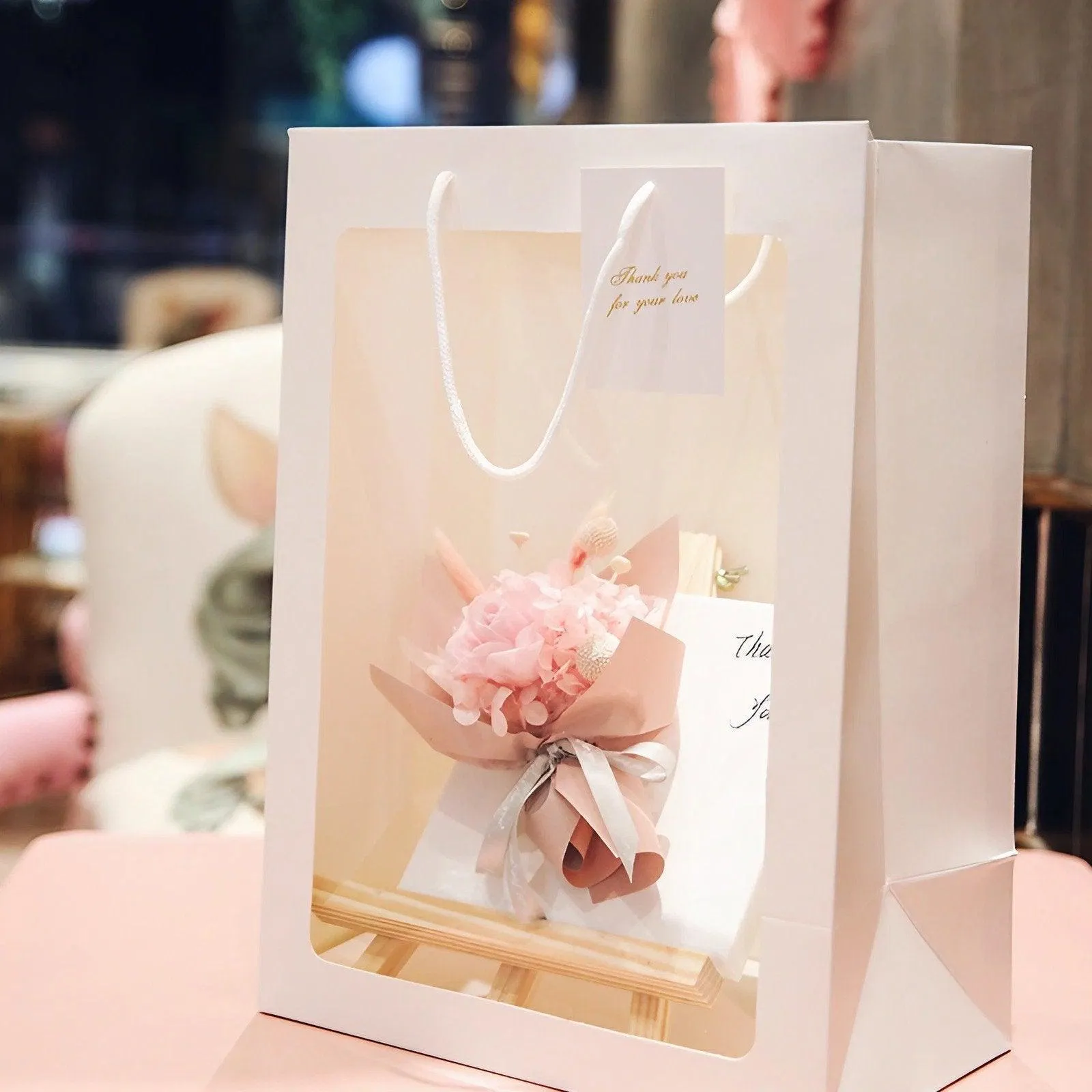 50PCS Flower Bouquet Tote Wedding Favor Bag Bride Tote Clear Gift Bags Handbag Pink