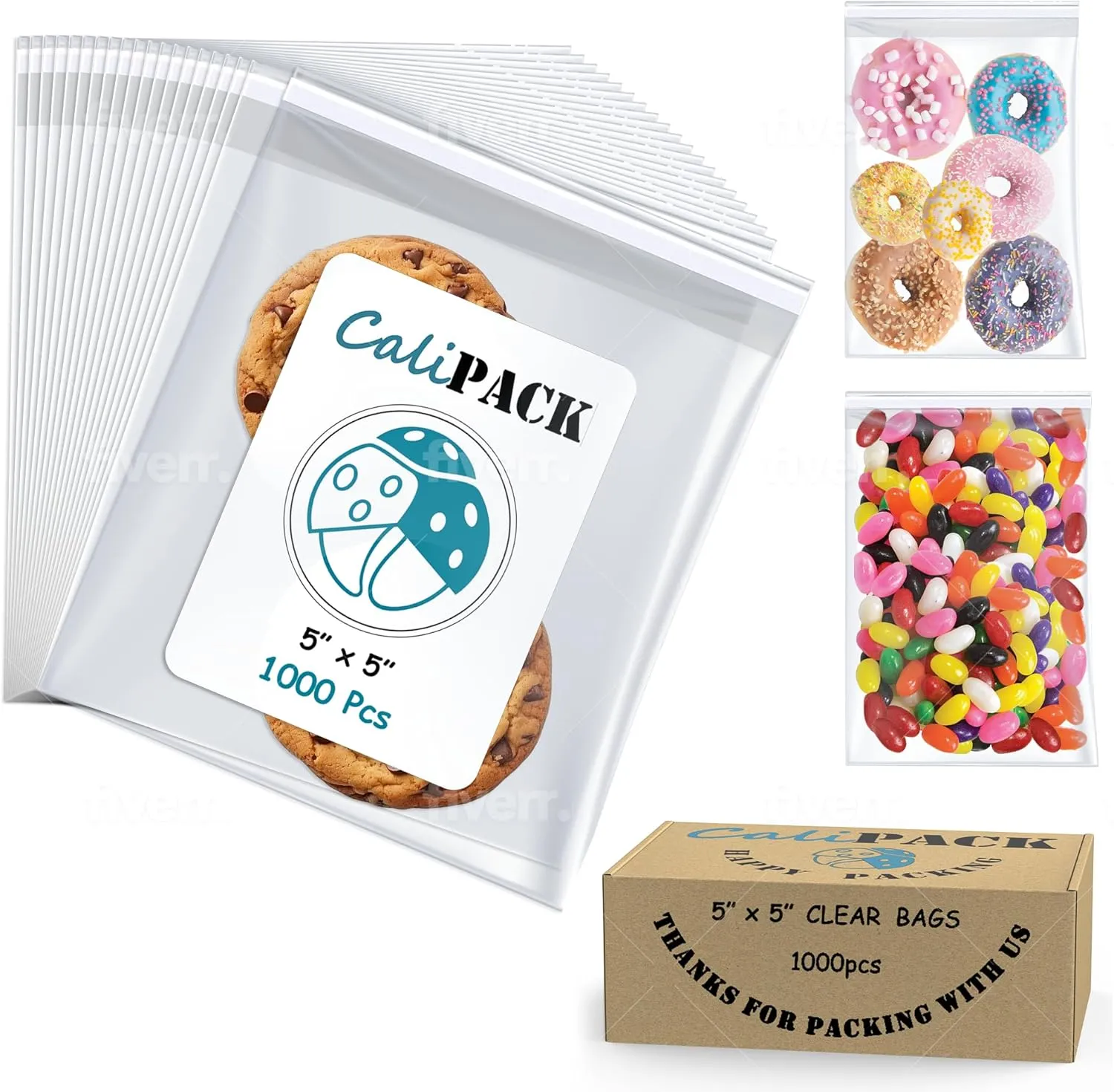 5" X 5" (1000 Pack) Cellophane Bags w/Adhesive Self Adhesive, Gift Wrap Cellophane Bags For Packaging Cookies, Treats, Sweets, Candy, Bakery, Art Prints, Photos, Envelopes, Cards
