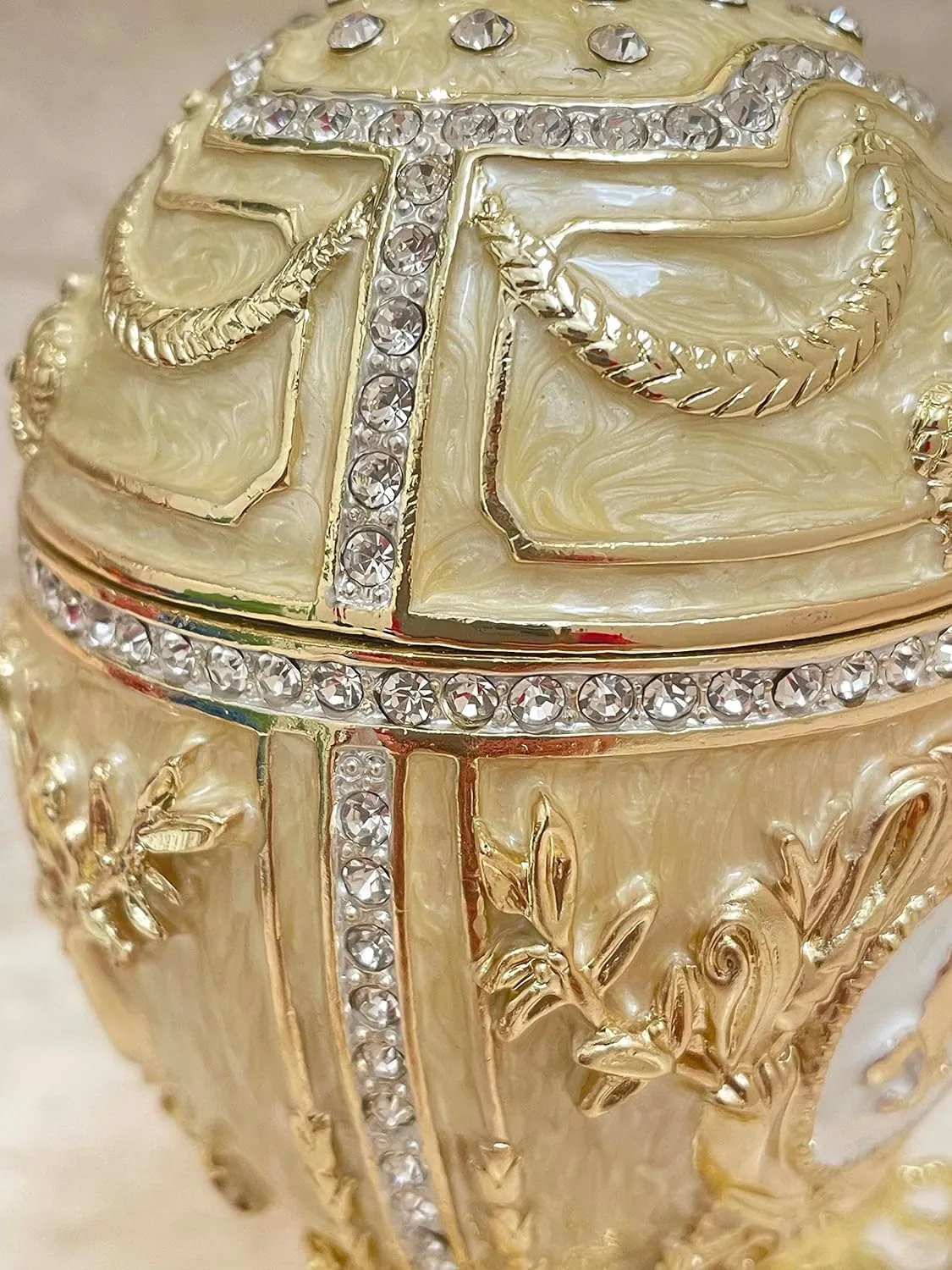 5*Star HANDMADE Faberge Egg style Made in Greece Faberge Eggs Imperial Russian Jewelry Box & Yellow GOLD Evening BRACELET Birthday Valentine Faberge Eggs style Crystal Diamond 6.5" (Imperial Beige)