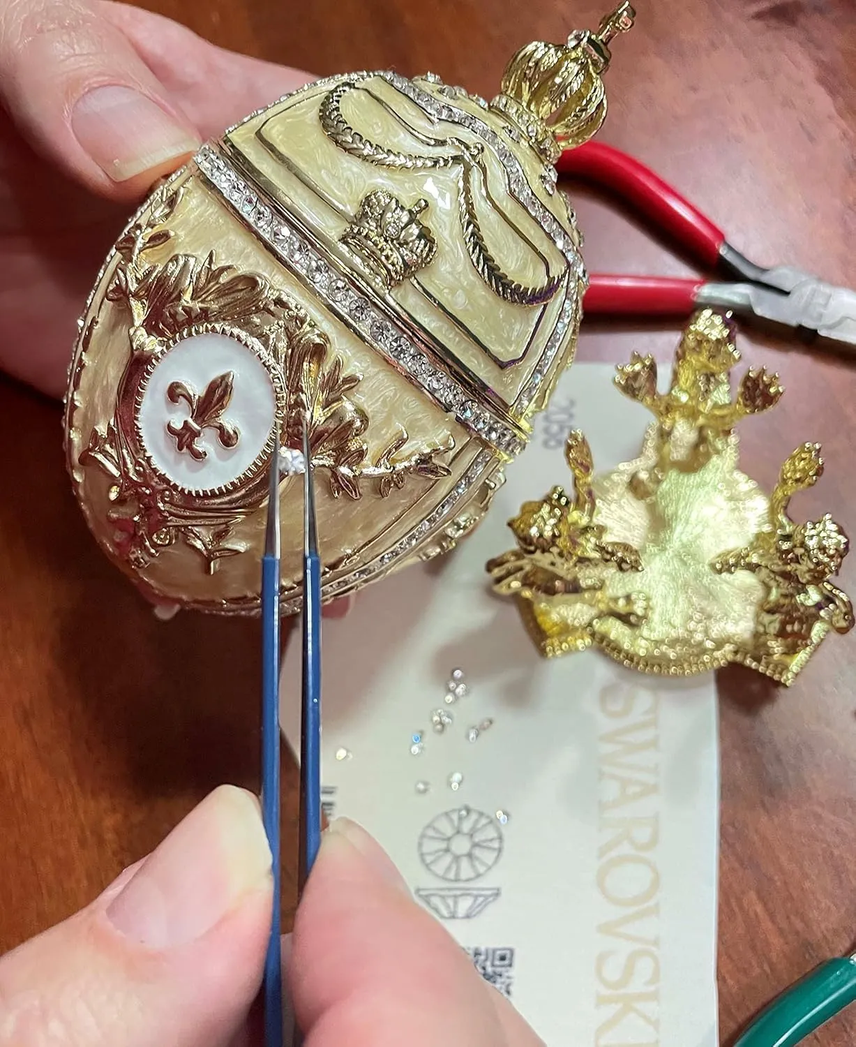 5*Star HANDMADE Faberge Egg style Made in Greece Faberge Eggs Imperial Russian Jewelry Box & Yellow GOLD Evening BRACELET Birthday Valentine Faberge Eggs style Crystal Diamond 6.5" (Imperial Beige)
