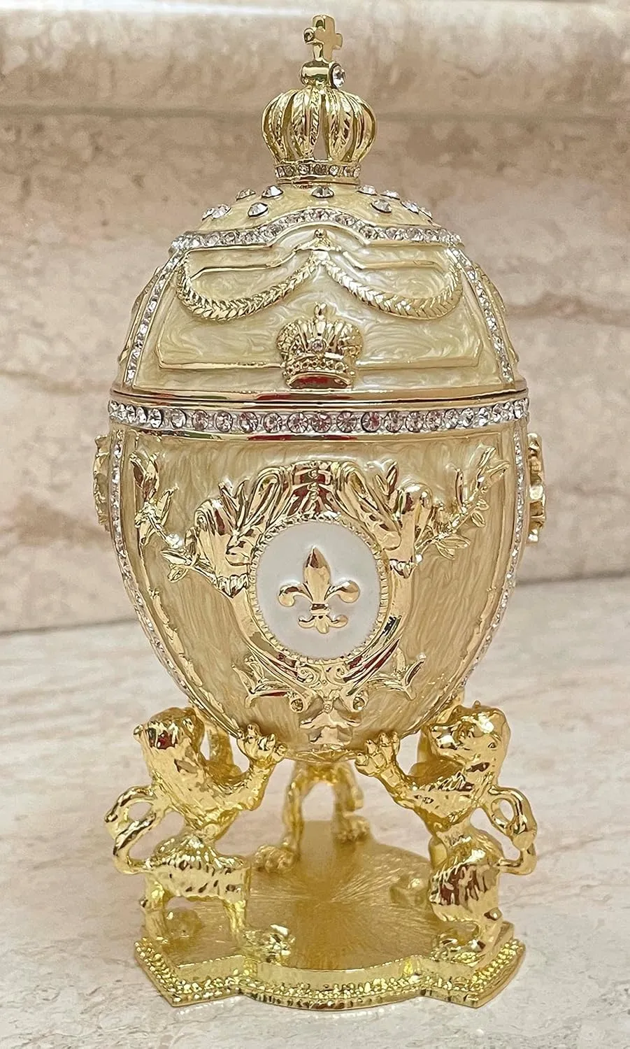 5*Star HANDMADE Faberge Egg style Made in Greece Faberge Eggs Imperial Russian Jewelry Box & Yellow GOLD Evening BRACELET Birthday Valentine Faberge Eggs style Crystal Diamond 6.5" (Imperial Beige)