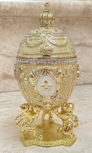5*Star HANDMADE Faberge Egg style Made in Greece Faberge Eggs Imperial Russian Jewelry Box & Yellow GOLD Evening BRACELET Birthday Valentine Faberge Eggs style Crystal Diamond 6.5" (Imperial Beige)