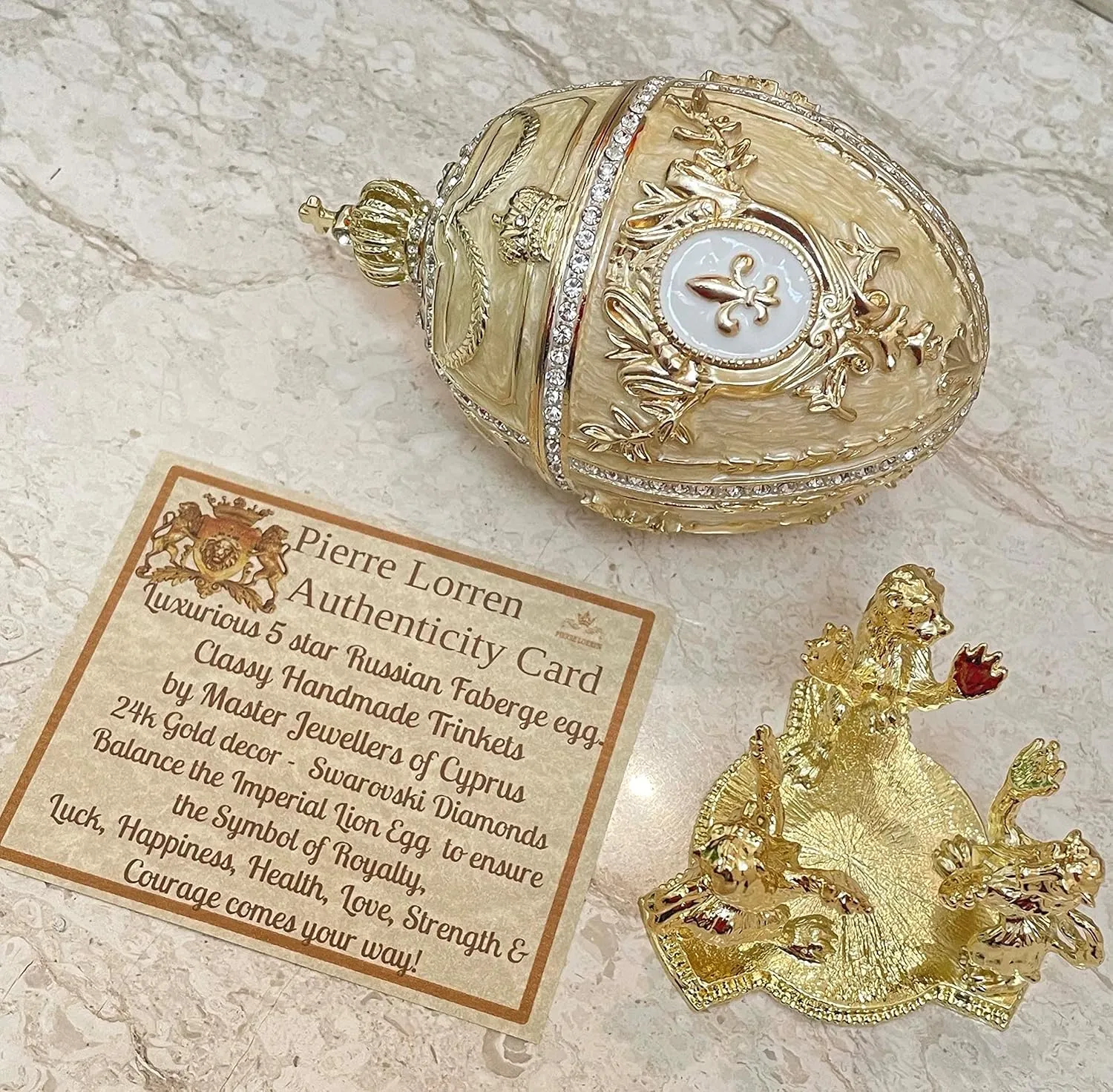 5*Star HANDMADE Faberge Egg style Made in Greece Faberge Eggs Imperial Russian Jewelry Box & Yellow GOLD Evening BRACELET Birthday Valentine Faberge Eggs style Crystal Diamond 6.5" (Imperial Beige)