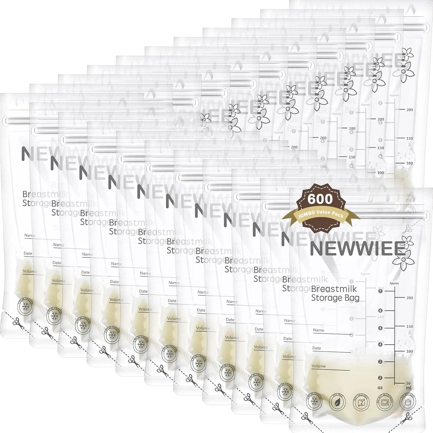 600 Count Breastmilk Storage Bags 7oz Breast Milk Bags for Breastfeeding Self Standing Breastmilk Storing No Leak Double Seal Freezer Storage for Refrigeration and Freezing(Gray)