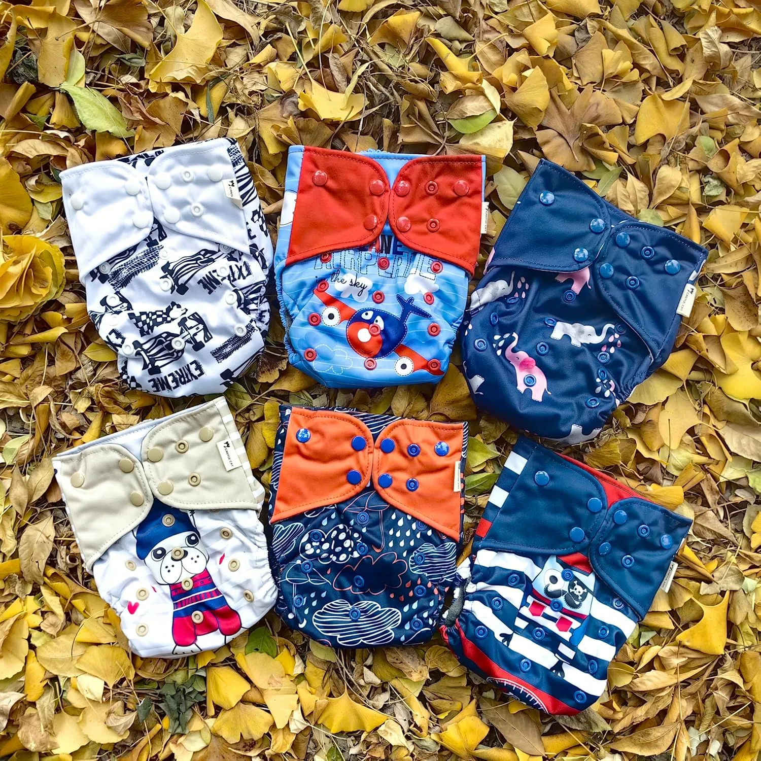 6pcs Washable and Reusable One-Fit-All Double Gussets Side Leakage Prevention Cloth Diapers Packed with 12pcs Inserts and 2pcs Wet Bags for Baby Girls and Boys (Boy Prints 04)