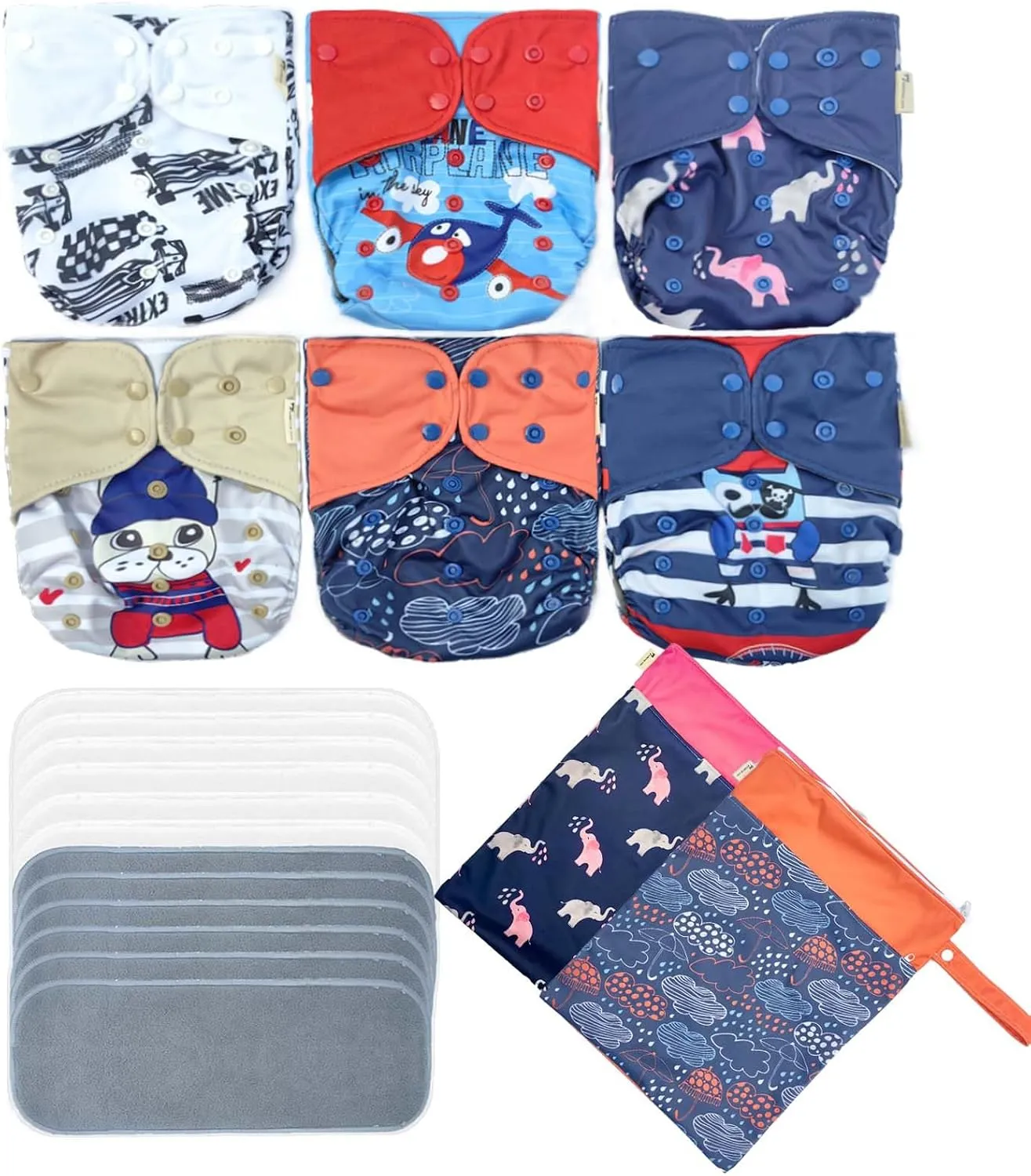 6pcs Washable and Reusable One-Fit-All Double Gussets Side Leakage Prevention Cloth Diapers Packed with 12pcs Inserts and 2pcs Wet Bags for Baby Girls and Boys (Boy Prints 04)