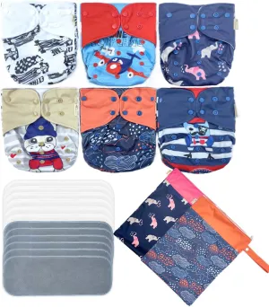 6pcs Washable and Reusable One-Fit-All Double Gussets Side Leakage Prevention Cloth Diapers Packed with 12pcs Inserts and 2pcs Wet Bags for Baby Girls and Boys (Boy Prints 04)