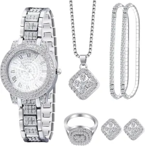 7 Pcs Luxury Women Watch and Bracelet Set Elegant Rhinestone Jewelry Quartz Watch and Women's Wrist Bangle Diamond Ring Necklace Earrings Set with Box for Wife Ladies Gift