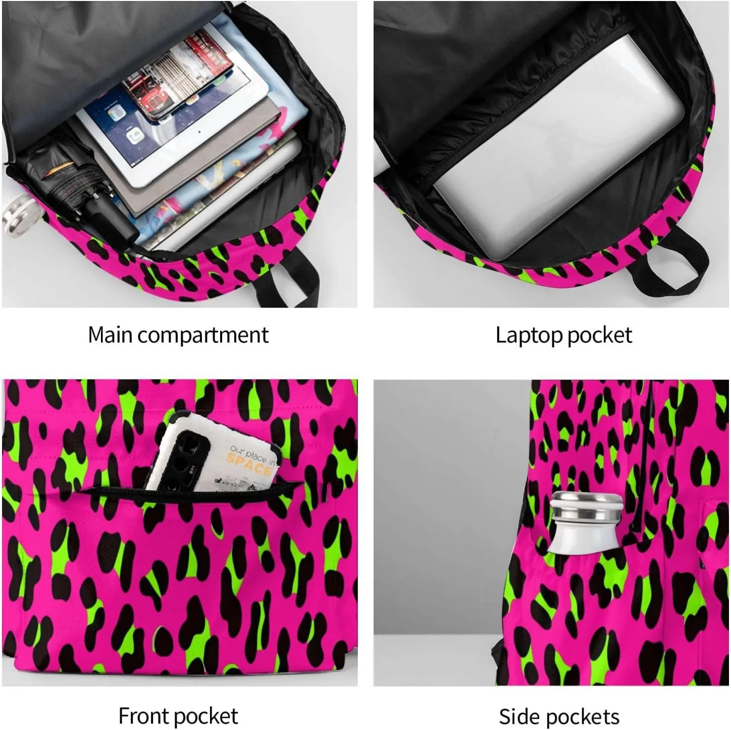 80s Neon Pink Fuchsia Lime Green Leopard Backpack Casual Laptop Backpack Large Capacity Double Shoulder Bag Travel Daypack For Women Men