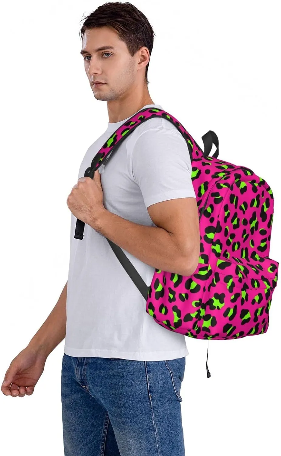80s Neon Pink Fuchsia Lime Green Leopard Backpack Casual Laptop Backpack Large Capacity Double Shoulder Bag Travel Daypack For Women Men