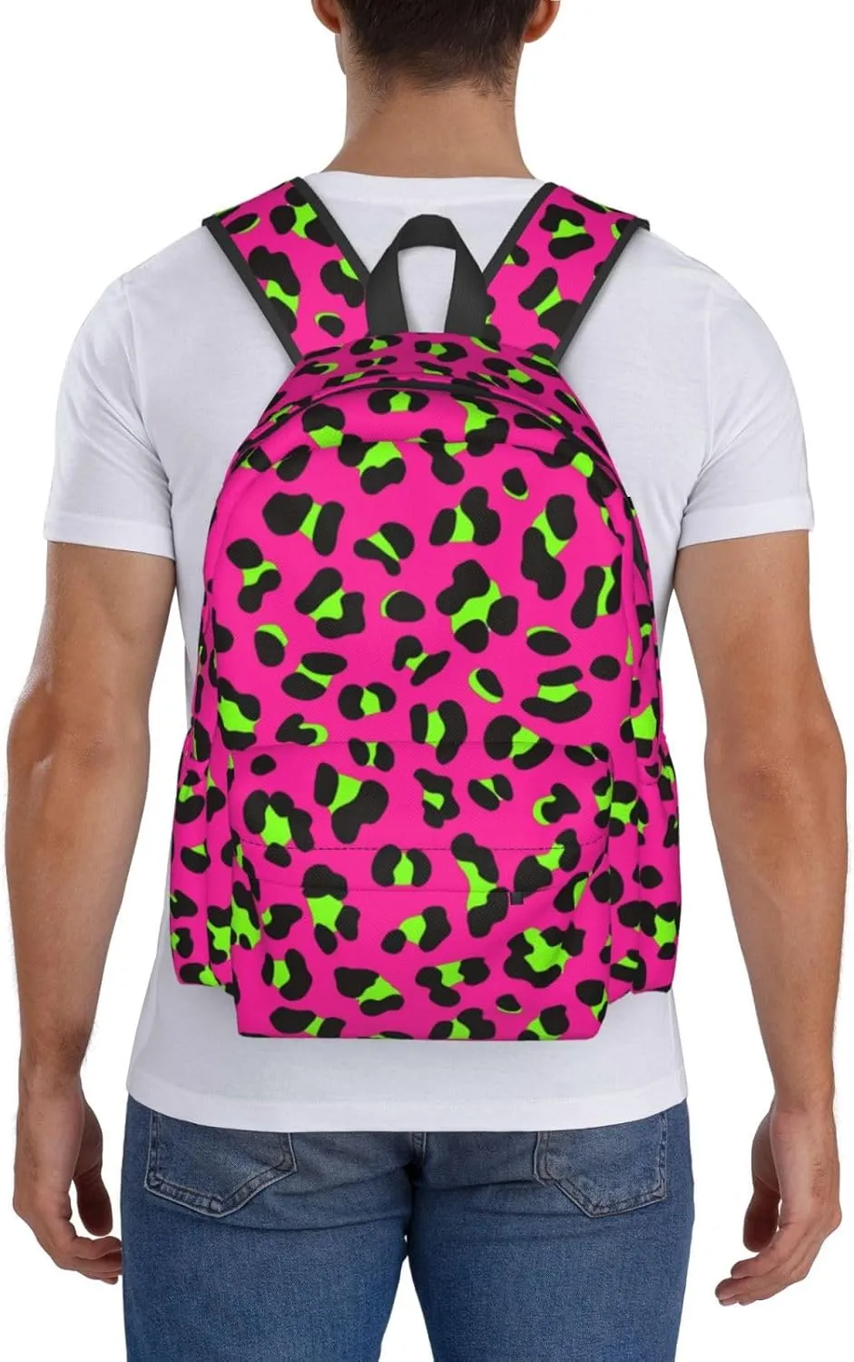 80s Neon Pink Fuchsia Lime Green Leopard Backpack Casual Laptop Backpack Large Capacity Double Shoulder Bag Travel Daypack For Women Men