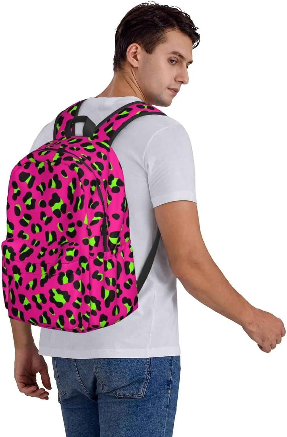 80s Neon Pink Fuchsia Lime Green Leopard Backpack Casual Laptop Backpack Large Capacity Double Shoulder Bag Travel Daypack For Women Men