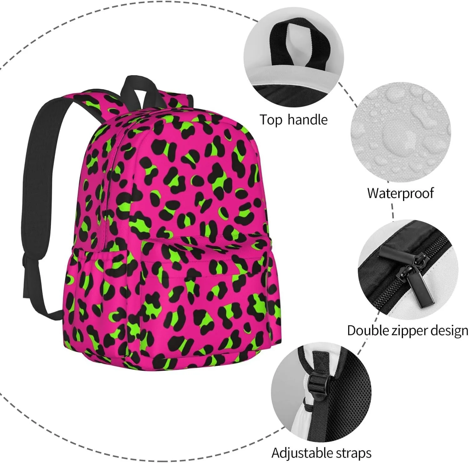 80s Neon Pink Fuchsia Lime Green Leopard Backpack Casual Laptop Backpack Large Capacity Double Shoulder Bag Travel Daypack For Women Men