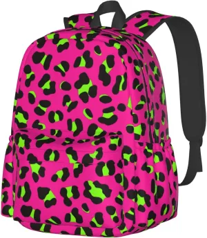 80s Neon Pink Fuchsia Lime Green Leopard Backpack Casual Laptop Backpack Large Capacity Double Shoulder Bag Travel Daypack For Women Men