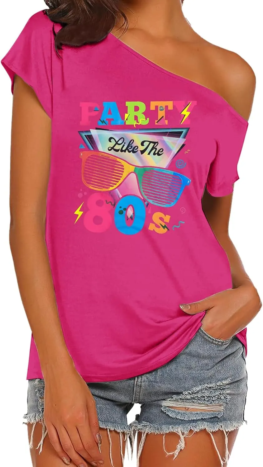 80s Outfit for Women 80's Retro Theme Party Shirts Vintage Disco Outfits 1980s Clothes 90s Neon Off Shoulder Tops