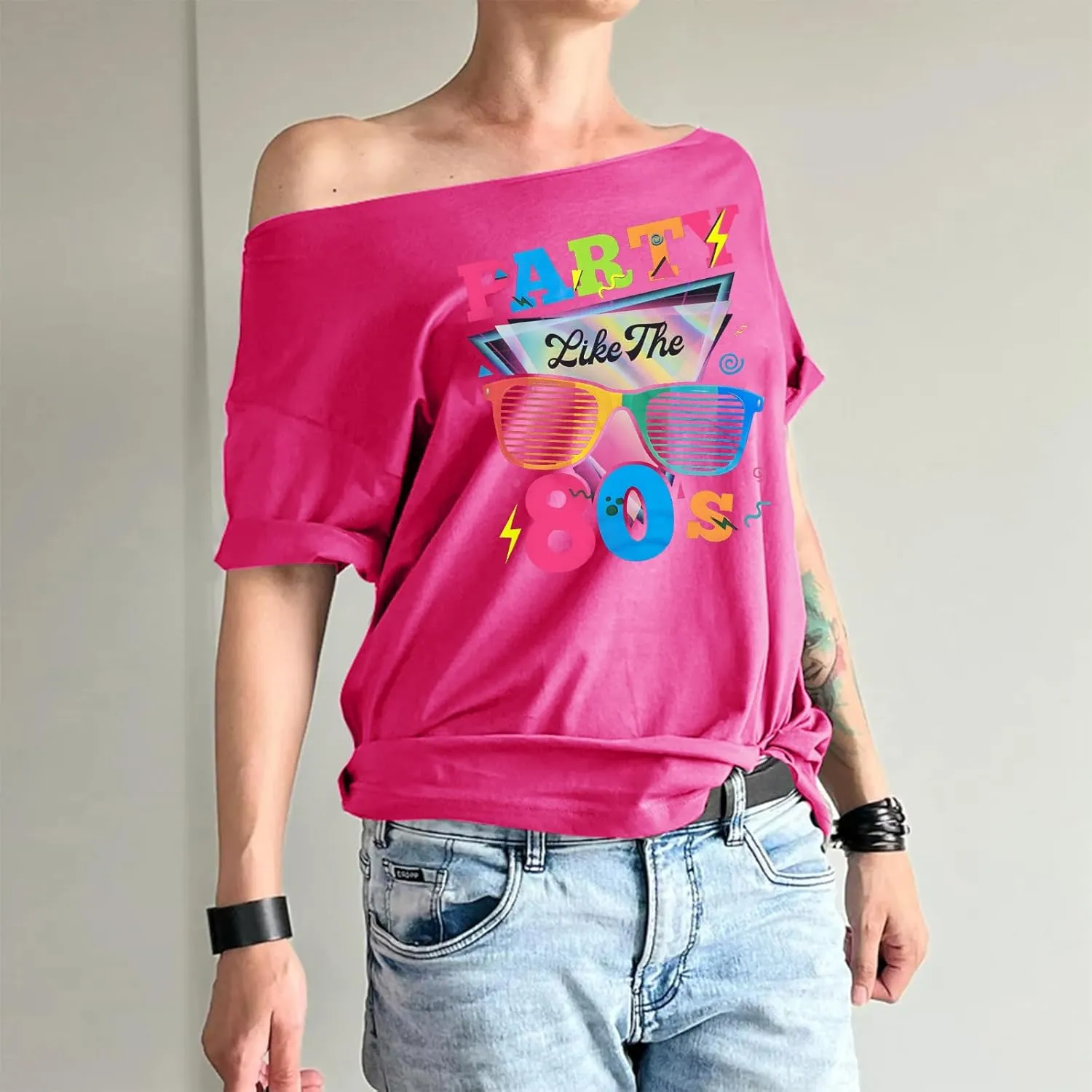 80s Outfit for Women 80's Retro Theme Party Shirts Vintage Disco Outfits 1980s Clothes 90s Neon Off Shoulder Tops