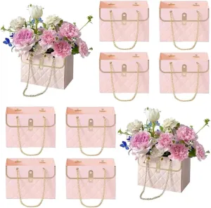 8PCS Flower Paper Gift Bag, Bouquet Storage Bucket Florist Handbag with Metal Chain, Gift Craft Wrap Bag for Wedding Party Valentine's Day Birthday Mother's Day Bridal Shower Gift Wrap Bags (Pink)