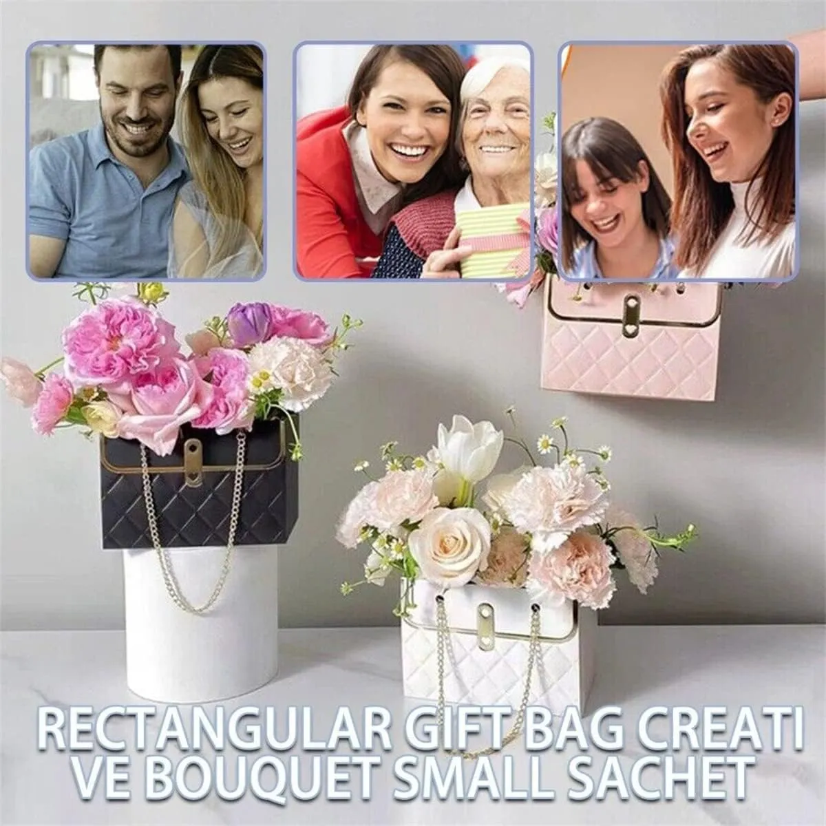 8PCS Flower Paper Gift Bag, Bouquet Storage Bucket Florist Handbag with Metal Chain, Gift Craft Wrap Bag for Wedding Party Valentine's Day Birthday Mother's Day Bridal Shower Gift Wrap Bags (Pink)