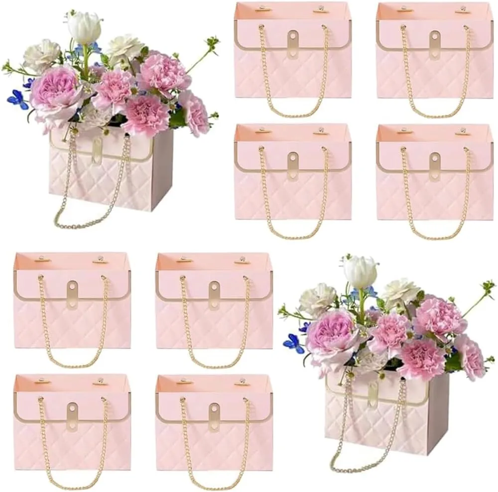 8PCS Flower Paper Gift Bag, Bouquet Storage Bucket Florist Handbag with Metal Chain, Gift Craft Wrap Bag for Wedding Party Valentine's Day Birthday Mother's Day Bridal Shower Gift Wrap Bags (Pink)