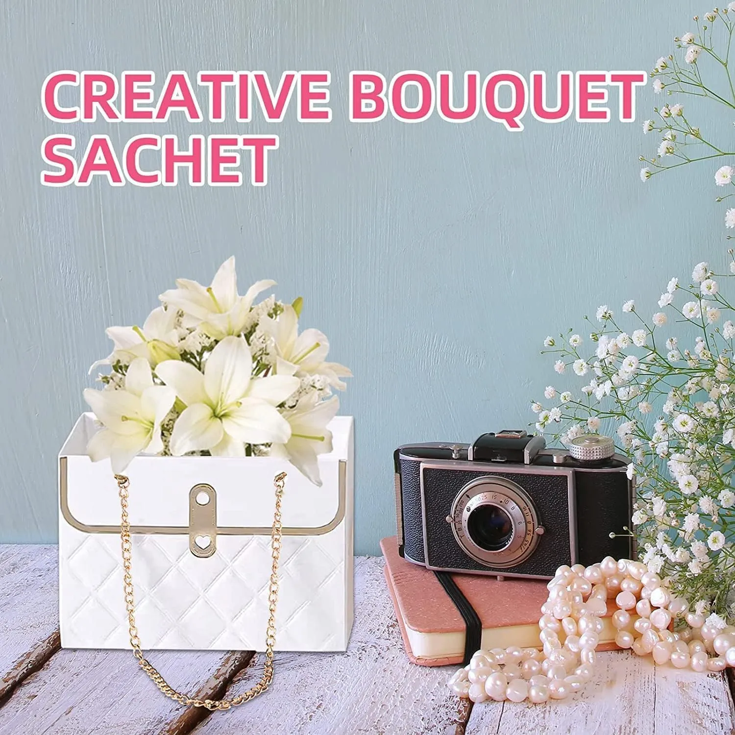 8PCS Flower Paper Gift Bag, Bouquet Storage Bucket Florist Handbag with Metal Chain, Gift Craft Wrap Bag for Wedding Party Valentine's Day Birthday Mother's Day Bridal Shower Gift Wrap Bags (Pink)