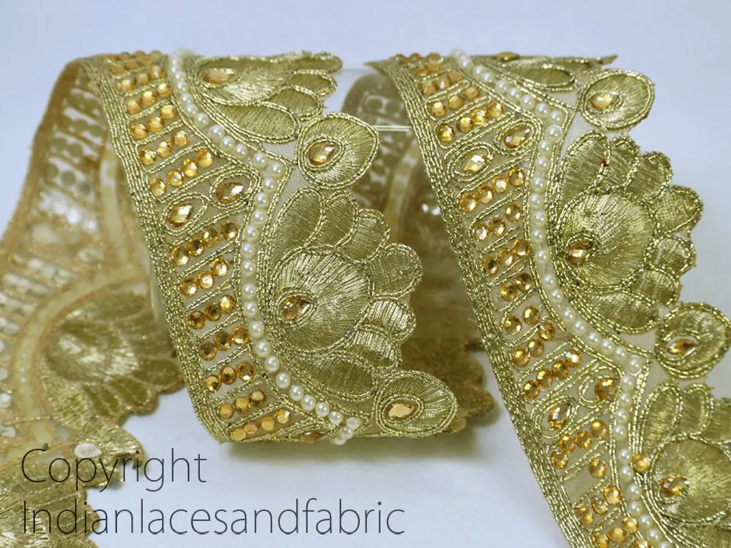 9 Yard Costume beaded 6cm Trim Decorative Saree Ribbon Scallop Edge Indian Sari Border Gold Kundan Trimmings Craft Sewing Accessories