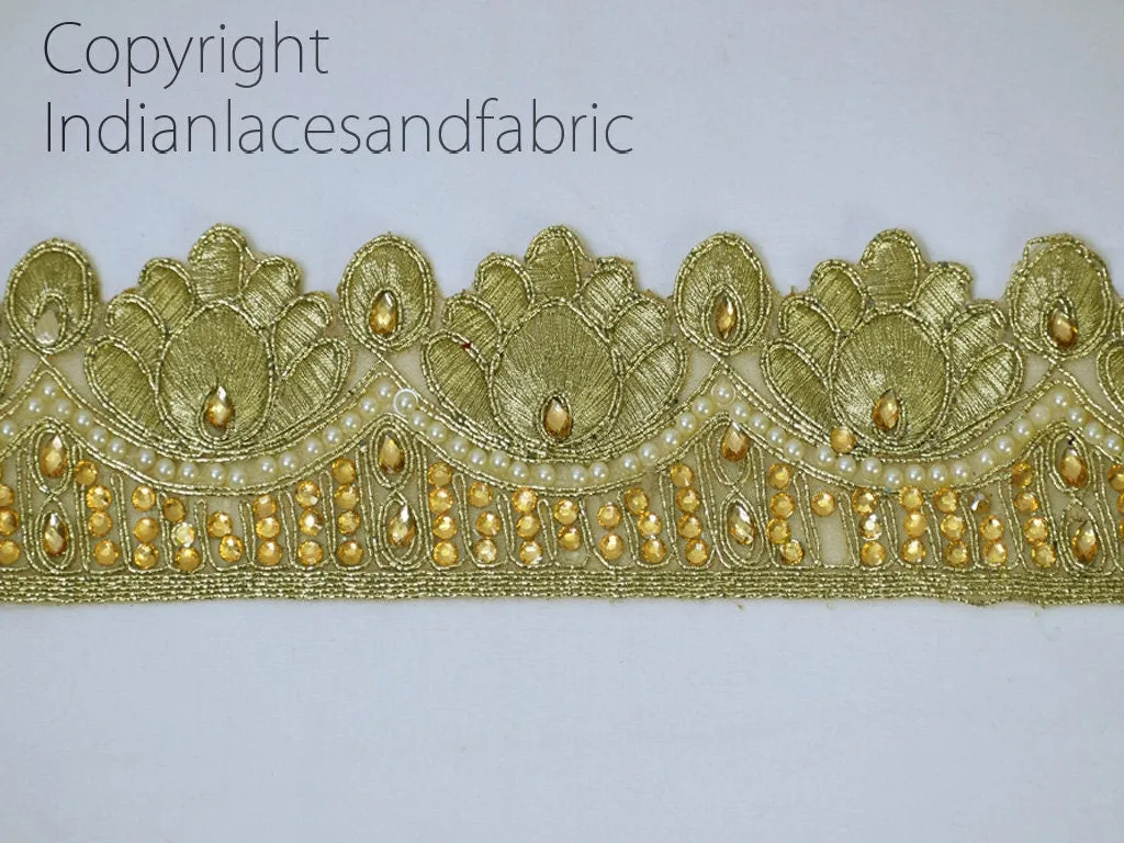 9 Yard Costume beaded 6cm Trim Decorative Saree Ribbon Scallop Edge Indian Sari Border Gold Kundan Trimmings Craft Sewing Accessories