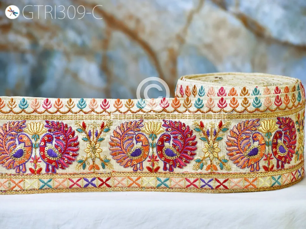 9 Yard Peacock 9CM Embroidered Fabric Trim Saree Border Sari Ribbon Doll Crafting Sewing Beach Bags Home Decor Embellishment Trimmings