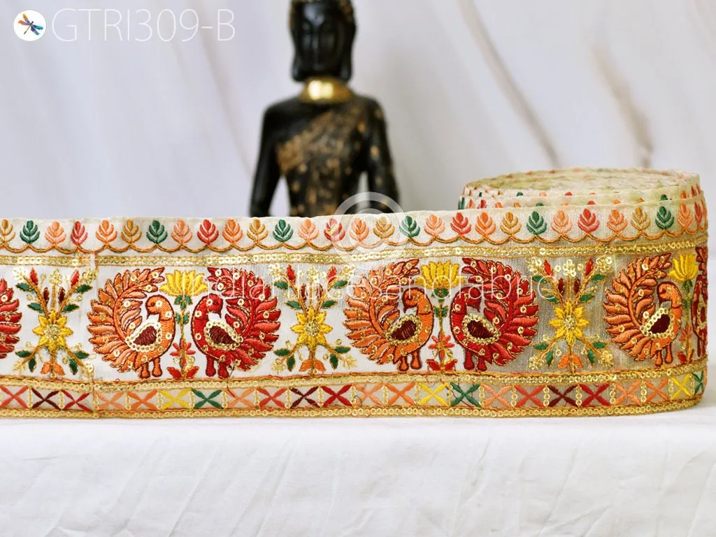 9 Yard Peacock 9cm Embroidered Ribbon Fabric Saree Border Dolls DIY Crafting Sewing Beach Bags Home Decor Embellishment Wedding Dress Laces