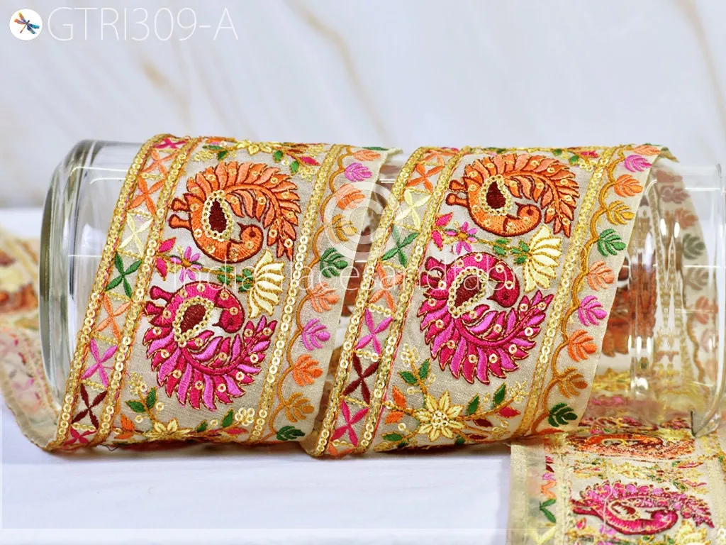 9 Yard Peacock 9cm Embroidered Sari Ribbon Fabric Trim Saree Border Dolls DIY Crafting Sewing Bags Home Décor Embellishment Dresses Trimming